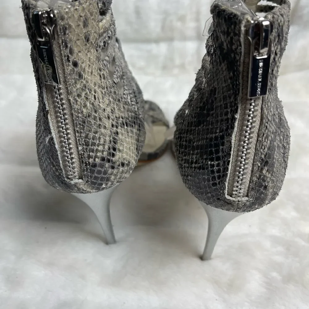 Michael Kors leather snake skin print beige and gray cage T Straps heels size9M